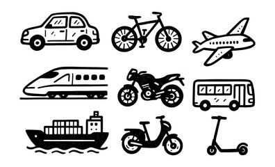 Fototapeta premium Hand drawn transport icons: car, bicycle, airplane, train, motorcycle, bus, ship, scooter