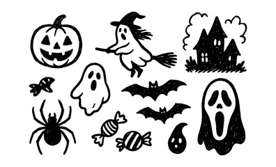 Obraz premium Spooky halloween doodles: ghosts, witch, and haunted house in black and white