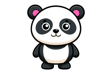 Adorable cartoon illustration of a standing panda with big round eyes, blushing cheeks, and a happy smile, set against a soft pastel background.