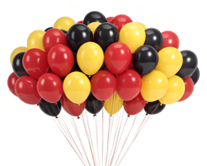 A cluster of colorful balloons in red, black, and yellow on a transparent background. The balloons are round and glossy, tied together with strings.