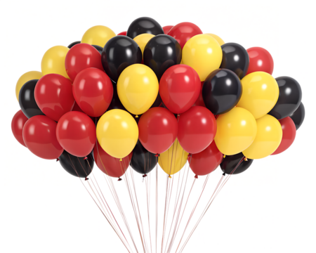 A cluster of colorful balloons in red, black, and yellow on a transparent background. The balloons are round and glossy, tied together with strings.