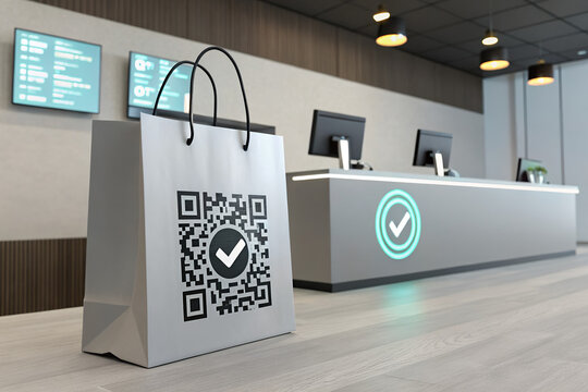 shopping bag with qr code glowing tick checkout