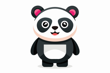 Adorable cartoon illustration of a standing panda with big round eyes, blushing cheeks, and a happy smile, set against a soft pastel background.