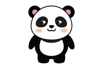 Adorable cartoon illustration of a standing panda with big round eyes, blushing cheeks, and a happy smile, set against a soft pastel background.