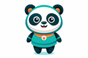 Adorable cartoon illustration of a standing panda with big round eyes, blushing cheeks, and a happy smile, set against a soft pastel background.