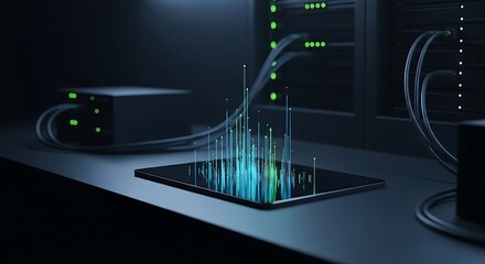 A tablet displays a digital data flow, connected to servers via cables in a dark server room, visualizing data transfer.