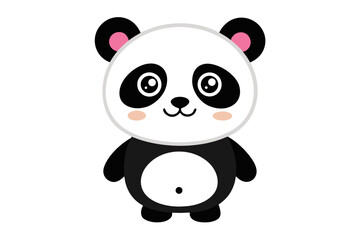 Adorable cartoon illustration of a standing panda with big round eyes, blushing cheeks, and a happy smile, set against a soft pastel background.