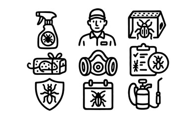 Pest control line icons set featuring sprays, exterminator, and insect traps