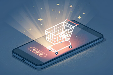 shopping cart icon glowing inside mobile phone