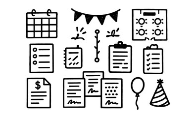 Hand drawn event planning icons with calendars and party decorations