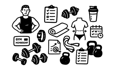 Obraz premium Fitness essentials: black and white icons of workout gear and accessories