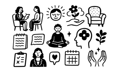 Mental health and wellness symbols in simple black and white style