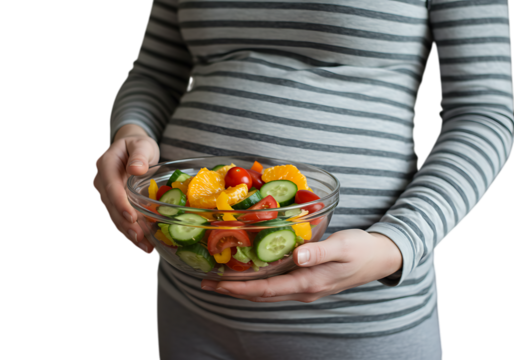 Pregnant woman holding a fresh vegetable salad isolated on transparent background - Powered by Adobe