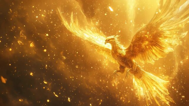 Majestic golden phoenix rising from the flames with vibrant feathers and sparkling embers in a captivating cosmic backdrop 4k video footage