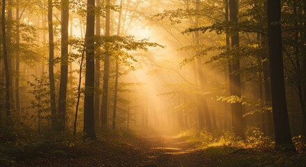 A misty forest path illuminated by golden sunlight