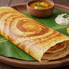 Delicious South Indian Dosa Served With Sambar and Coconut Chutney Close Up