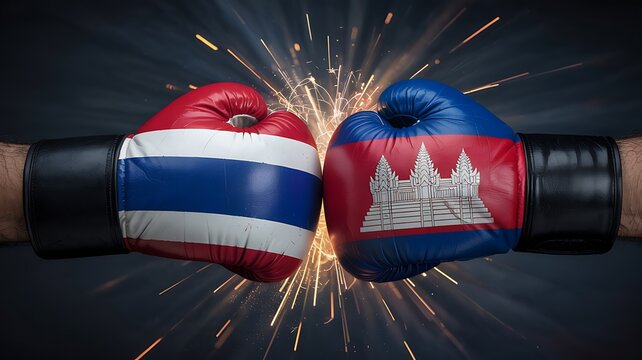 Two boxing gloves one with the thai flag and the other with the cambodian flag clashing with sparks flying in a dramatic confrontation - Powered by Adobe