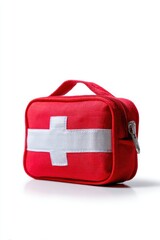 A small, neatly packed first aid kit, isolated on a pure white background. Safety, emergency.