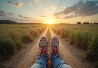Person Sitting on Path at Sunset