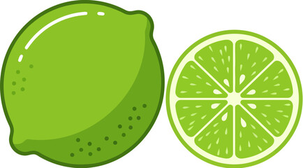A whole lime and a lime cut in half, showing the segments, displayed against a white background.