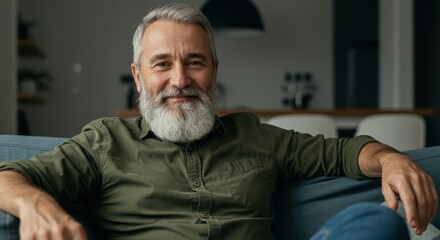 Happy Mature Man Relaxing at Home Smiling on the Couch