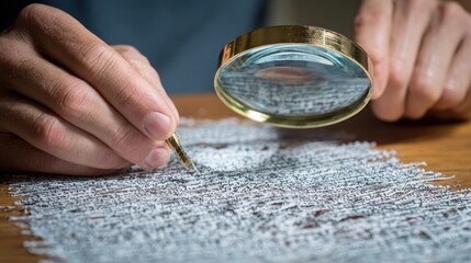 Close-up of hands examining a textured document with a magnifying glass