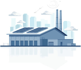 Obraz premium Modern factory building with solar panels, situated in a city skyline, illustrating sustainable industrial design.