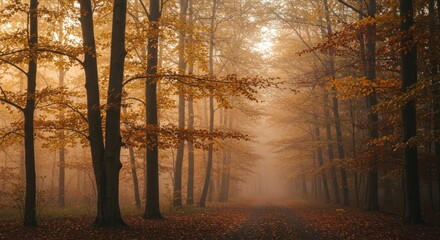A path through a misty forest during autumn with trees displaying warm golden leaves