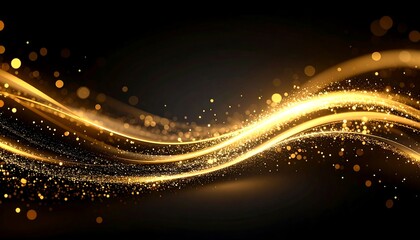 Golden waves of light on a dark background.  Abstract, dynamic design with shimmering particles