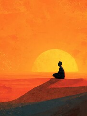 Silhouette Meditating at Sunrise: Serenity, Mindfulness, and Connection with Nature's Beauty, Digital Illustration