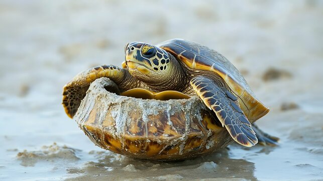 A sea turtle resting on the shore with sand on its shell in a close up detailed eye view image