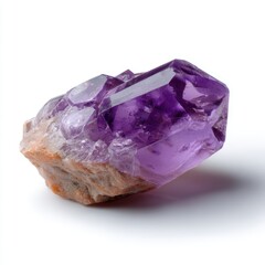 Fototapeta premium A small, perfectly formed purple crystal e.g., amethyst, isolated on a pure white background. Mineral, spiritual.