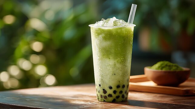 Matcha Boba tea stands on table. Refreshing green drink. Use for food blog, restaurant menu, advertising, design.