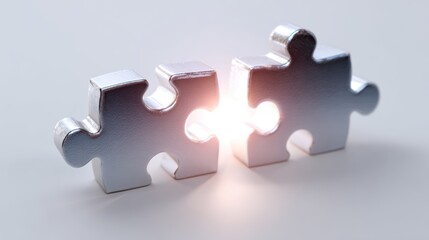 Obraz premium A conceptual image of a bridge made of light connecting two abstract puzzle pieces, isolated on a pure white background. Connecting ideas, problem-solving bridge.