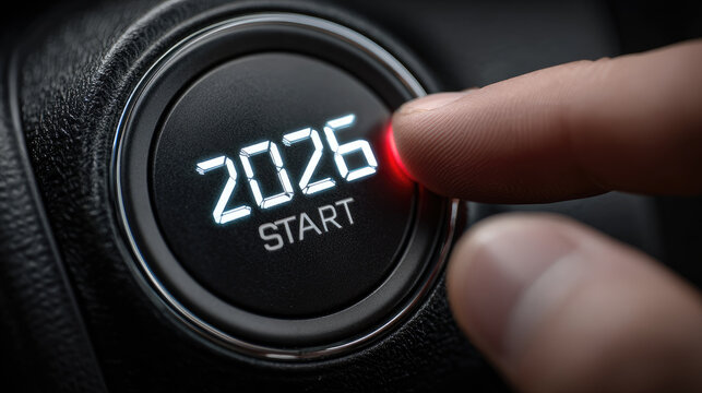 Close-up of a hand pressing a car start button with futuristic 2026 digital display, symbolizing automotive innovation, smart technology, electric vehicles, and advancements in modern transportation.