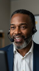 Smiling Man Using Headset At Work And Providing Customer Service