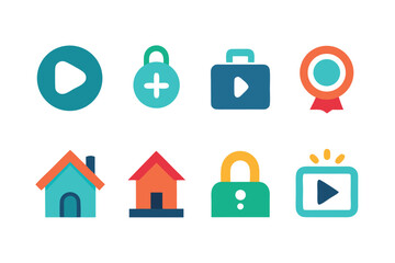 Vector art of collection of colorful flat design icons representing play, lock, briefcase, and house