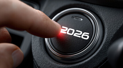 Close-up of a hand pressing a car start button with futuristic 2026 digital display, symbolizing automotive innovation, smart technology, electric vehicles, and advancements in modern transportation.