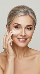 Elegant Mature Woman Applying Cream and Smiling Concept Skin Care Beauty Routine