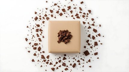 A minimalist flat lay of a beige square gift box on a white background, topped with crumbled chocolate, surrounded by scattered chocolate chunks and crumbs, with clean, modern composition and soft nat