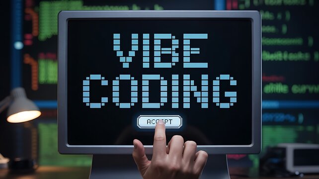 A person s finger presses a button on a vintage computer monitor displaying the words vibe coding in pixelated text