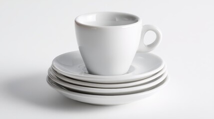 Fototapeta premium A set of minimalist white espresso cups and saucers, stacked, isolated on a pure white background. Coffee, small serving.
