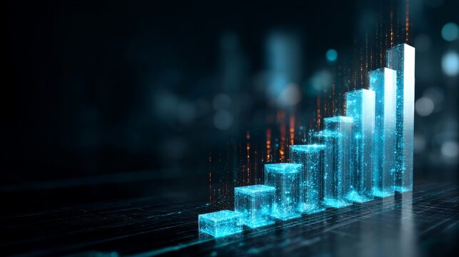 Blue and orange graph with a series of cubes that are stacked on top of each other. The graph is meant to represent a progression or growth, with each cube representing a step in the process