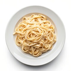 Delicious fettuccine alfredo served in a corner setting, isolated on a white background, perfect for food-related content and culinary presentations.