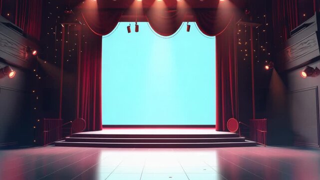 A dramatic scene on a theater stage with a red curtain and bright spotlights