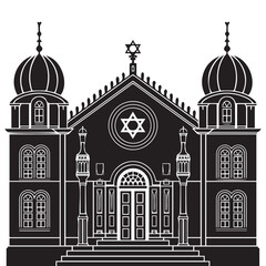 A black and white silhouette illustration of a traditional Jewish synagogue. 