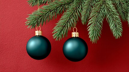 Two shiny green Christmas ornaments are hanging from a tree branch, creating a festive and joyful atmosphere. The ornaments are positioned at different heights, with one closer to the top