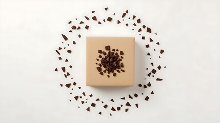 A minimalist flat lay of a beige square gift box on a white background, topped with crumbled chocolate, surrounded by scattered chocolate chunks and crumbs, with clean, modern composition and soft nat