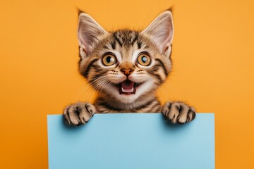 Cat behind banner. Cat ad presentation. Ð¡ute cat toyger hold in front paws a layout - large blue drive sign. Isolated kitty on a solid dress code bright orange background. Animal isolated po.