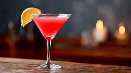 Martini glass with a slice of orange on top. The drink is pink and the glass is clear